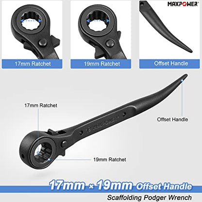 MAXPOWER 2PCS Low Profile Ratchet Scaffold Wrench Set, 7/8 Inch x 3/4 Inch Dual Socket Spud Ratchet, 17mm x 19mm Metric