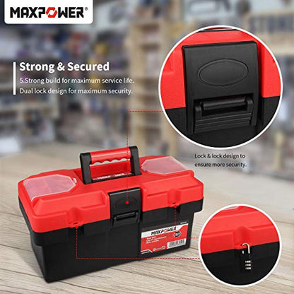 MAXPOWER Small Tool Box, 14-inch Plastic Tool Boxes with Handle, Removable Tray with Dual Lock Secured, Red Toolbox for Home