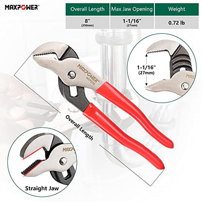 MAXPOWER Groove Joint Pliers Set, 8 inch and 12 inch Quick Adjustable Serrtated V Jaw Tongue and Groove Pliers
