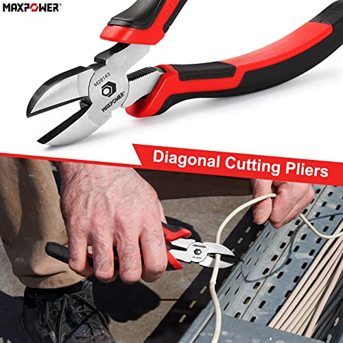 MAXPOWER 4 Piece Pliers Set, Pliers Tool Set Including 8 Inch Lineman Pliers, Diagonal Cutting Pliers & Long Nose Pliers, 10 Inch Groove Joint Pliers