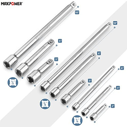 MAXPOWER 9PCS Socket Extension Bar, 1/2" 3/8" 1/4" drive Extension Set