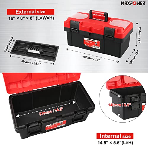 MAXPOWER Tool Box 16 inch, Plastic Small Tool Box with Latch and Removable Tray, Lockable Tool Box for Home