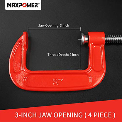 MAXPOWER 4-pieces C Clamps Set, 3-inch C Clamps, Up To 3-Inch Jaw Opening, 2-Inch Throat Depth