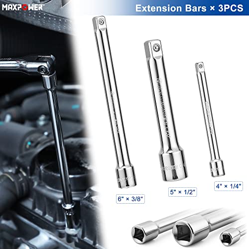 MAXPOWER Breaker Bar and Socket Extension Bar Set, Included 1/4" 3/8" 1/2" drive Extensions, 15 inch 10 inch and 6 inch Breaker Bars