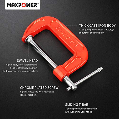 MAXPOWER 4-pieces C Clamps Set, 3-inch C Clamps, Up To 3-Inch Jaw Opening, 2-Inch Throat Depth