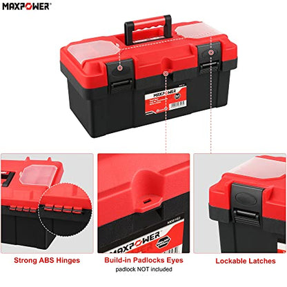 MAXPOWER Tool Box 16 inch, Plastic Small Tool Box with Latch and Removable Tray, Lockable Tool Box for Home
