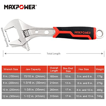 MAXPOWER 4 PCS Adjustable Wrench, Reversible Jaw Adjustable Spanner Wrench Set with Box End and Hex Function (6 in. 8 in. 10 in. 12 in.)