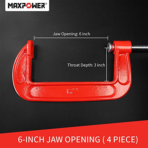 MAXPOWER 4-pieces C Clamps Set, 6 Inch C Clamp, Up To 6-Inch Jaw Opening, 2-3/4 Inch Throat Depth