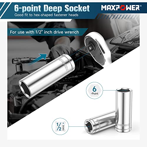 MAXPOWER 6PCS 1/2" drive Deep Socket Set, SAE, 6-ponit Sockets