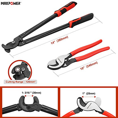 MAXPOWER 2 Pcs Cable Cutter Set, 10-Inch and 14 inches Heavy Duty Cable Cutters for Cutting Copper and Aluminum Cable