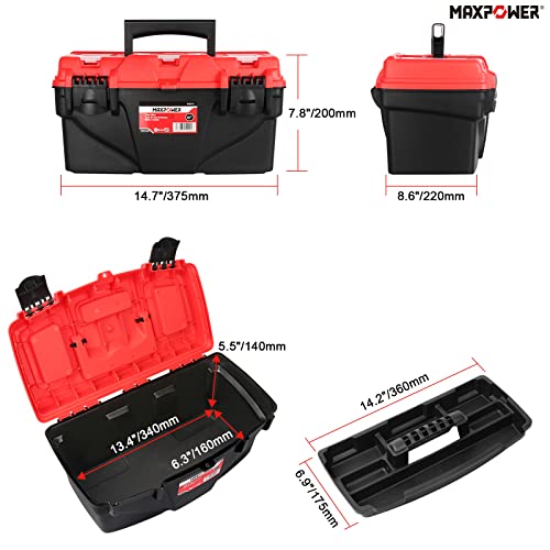 MAXPOWER Tool Box 15 inch, Plastic Tool Boxes with Removable Tray & Du