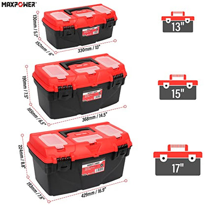 MAXPOWER Tool Box Set with Removable Tool Trays, Portable Tool Box Organizers, 3 Pieces Plastic Storage Boxes, 13-inch 15-inch & 17-inch