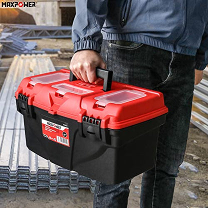 MAXPOWER 17-Inch Tool Box, Plastic Tool Boxes with Removable Tray & Dual Lock Secured, Rated up to 33 Lbs