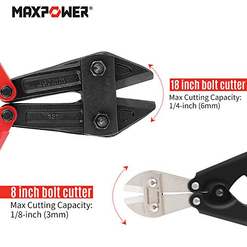 MAXPOWER 2Pcs Bolt Cutter Set, 18-Inch Heavy Duty Bolt Cutter, 8-Inch Mini Bolt Cutter, Chrome Molybdenum Steel Blade