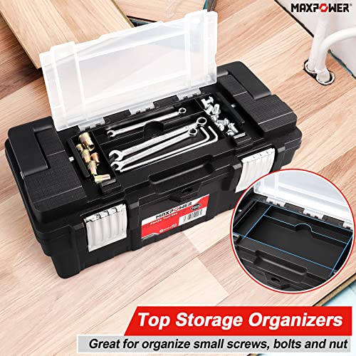 MAXPOWER 16 inch Tool Box with Removable Tray, Portable Toolbox with Stainless Steel Handle & Doule Metal Latch, Rated up to 33 Lbs