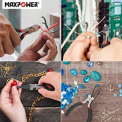 MAXPOWER 8Pcs Mini Jewelry Pliers Set, Diagonal Pliers, Long Nose Pliers, End Cutting Pliers, Bent Nose Pliers, Combination Pliers, Flat Nose Pliers, Needle Nose Pliers, Round Nose Pliers (4.5-inch)