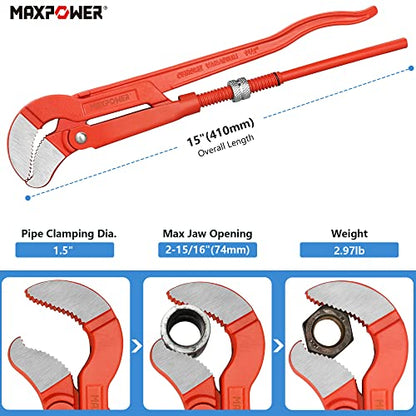 MAXPOWER Swedish Pipe Wrench 15 inch x S Shaped Jaw