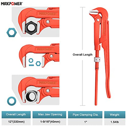 MAXPOWER Swedish Pipe Wrench 12 inch x 90 Degree Angled Jaw