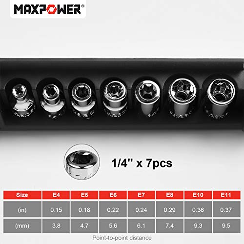 MAXPOWER 1/4-Inch Drive Star Socket Set, Female Torx Socket Set, 7 Pieces, Cr-V, E4-E11