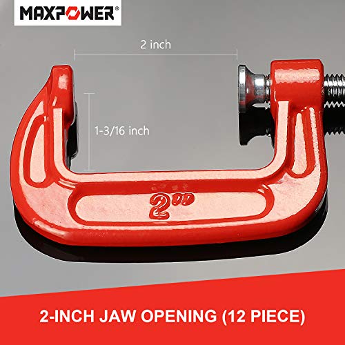 MAXPOWER 2 Inch C-clamp, 12 Pieces C Clamps Set, 2-Inch Jaw Opening, Throat Depth 1-3/16-Inch