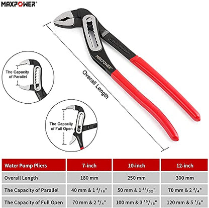 MAXPOWER 3Pcs Water Pump Pliers, 40% Wider Opening Plumbing Pliers Curved Jaw Quick Adjustment Pliers Set (12in. 10in. 7in.)