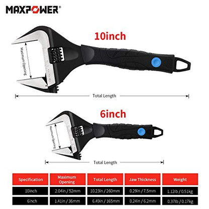 MAXPOWER Stubby Adjustable Wrench Deep Jaw Wide Opening, 6-Inch and 10-Inch Plumbing Wrench Set with Kitbag
