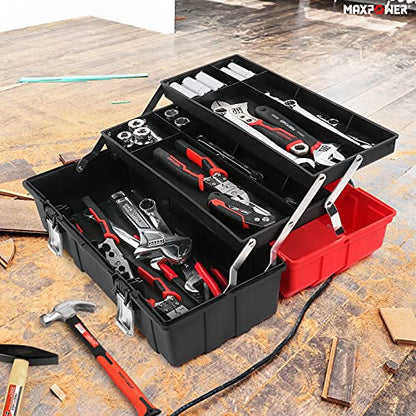 MAXPOWER 17-Inch Tool Box, Three-Layer Folding Plastic Storage Toolbox, Multi-Function Organizer with Tray and Dividers